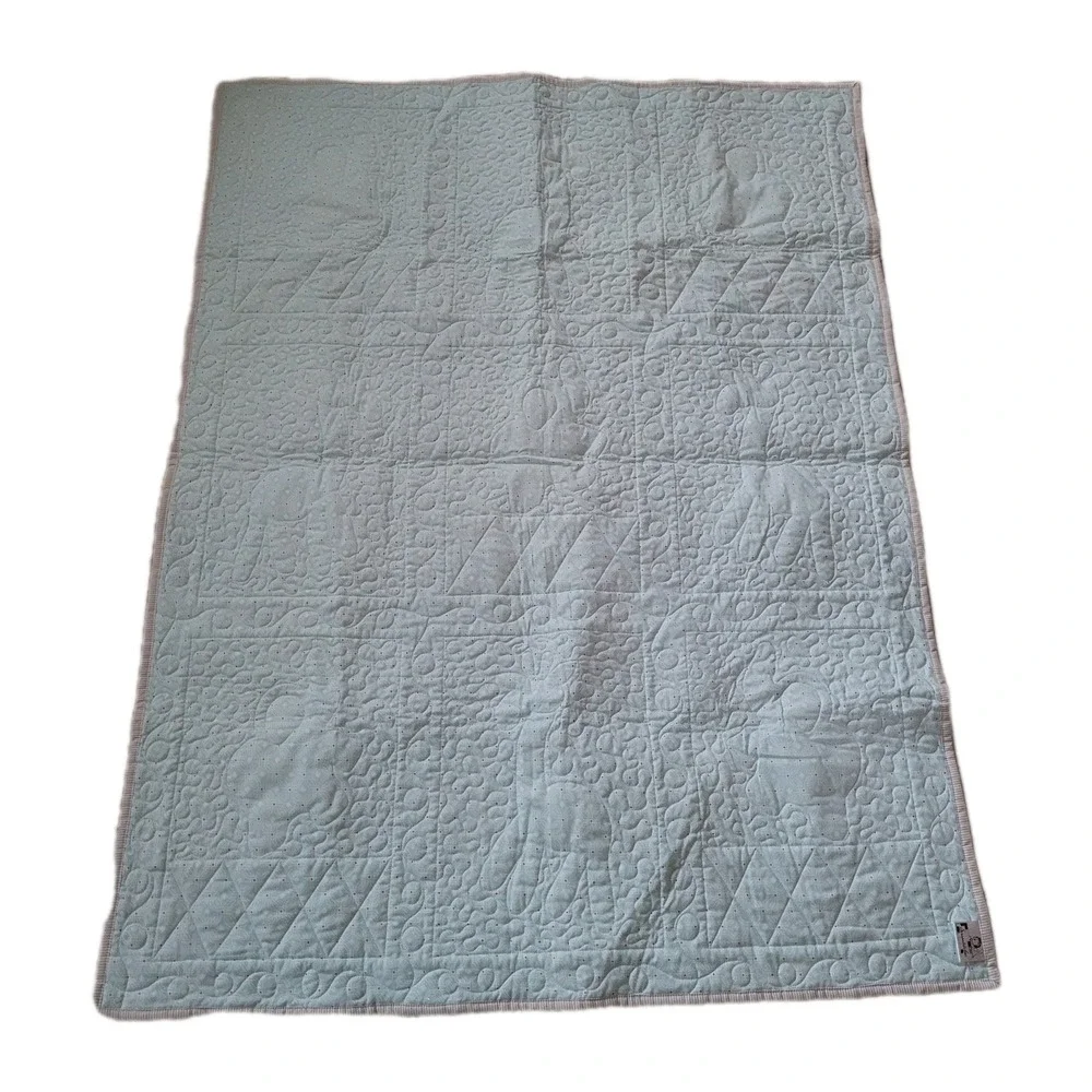 Handmade Baby Quilt Pillow Blue Gray White Elephant Giraffe Applique Nursery Art